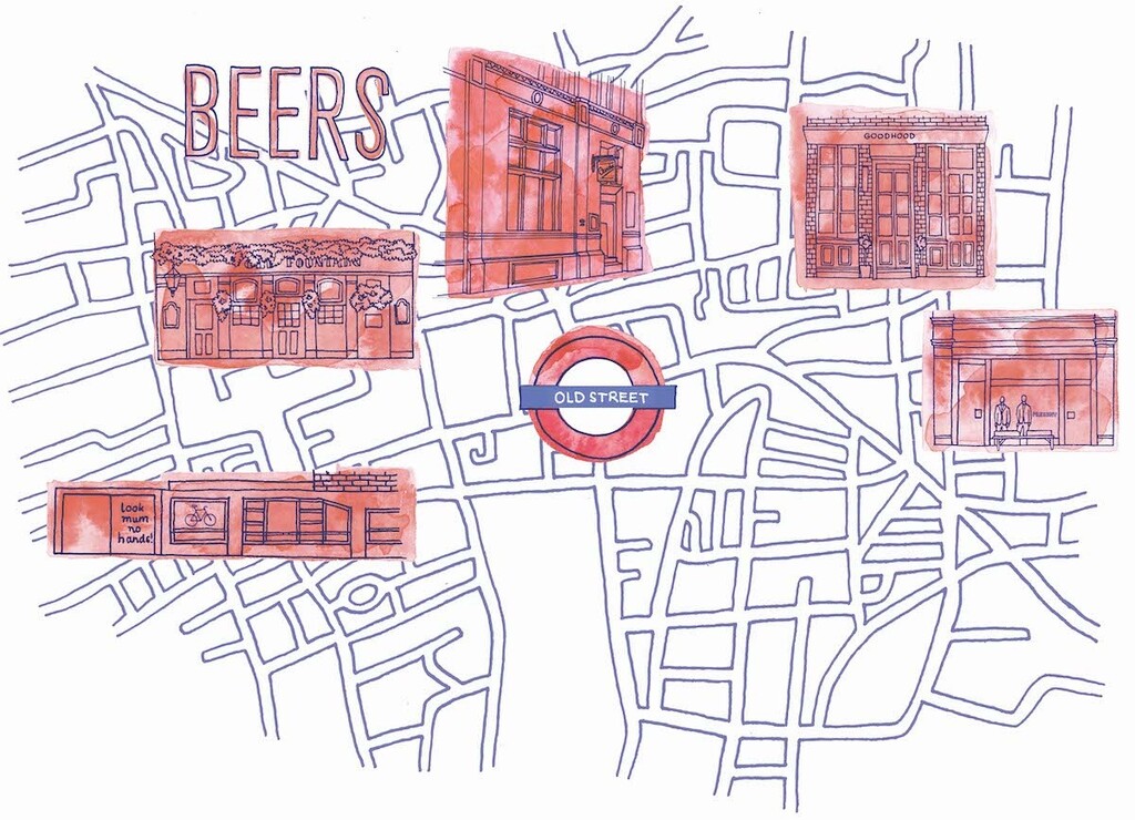 Watercolor map, encouraging readers to explore the Old Street neighborhood