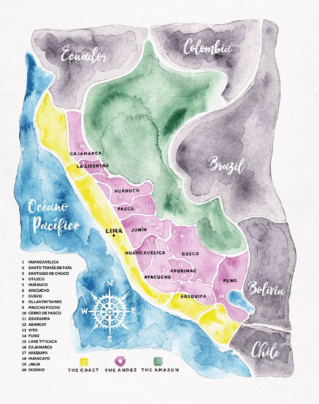Map showing the regions and largest cities of Peru