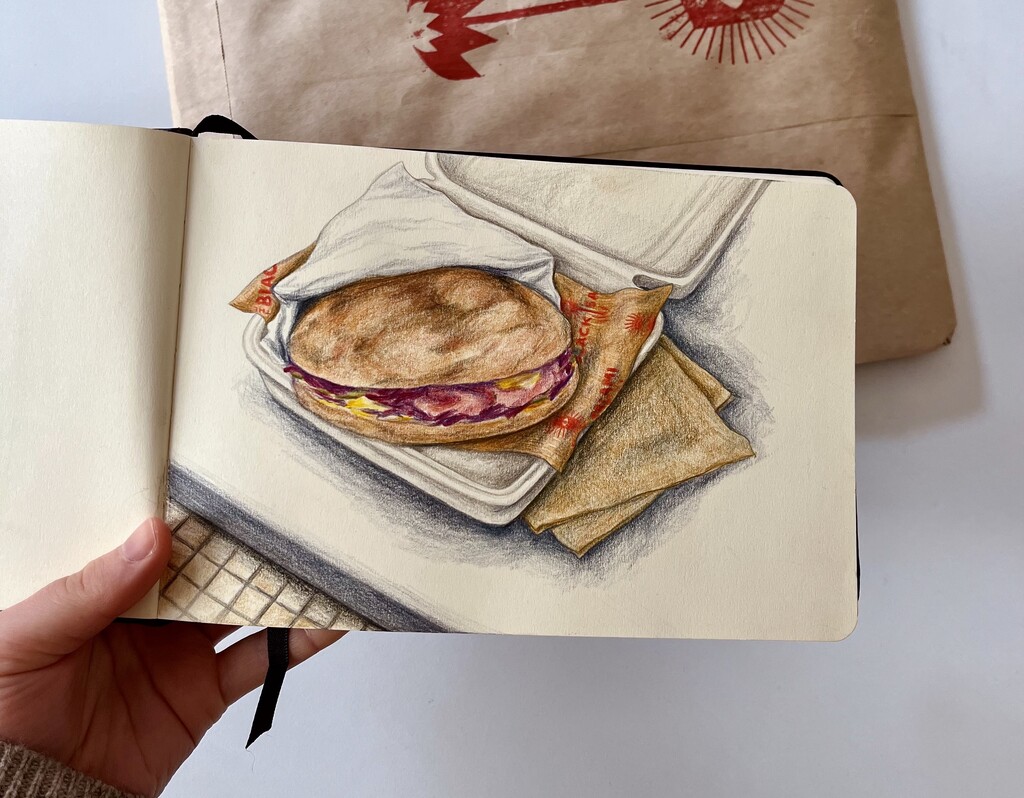 Sketch of a pastrami sandwich from the Black Salami Microbakery.
